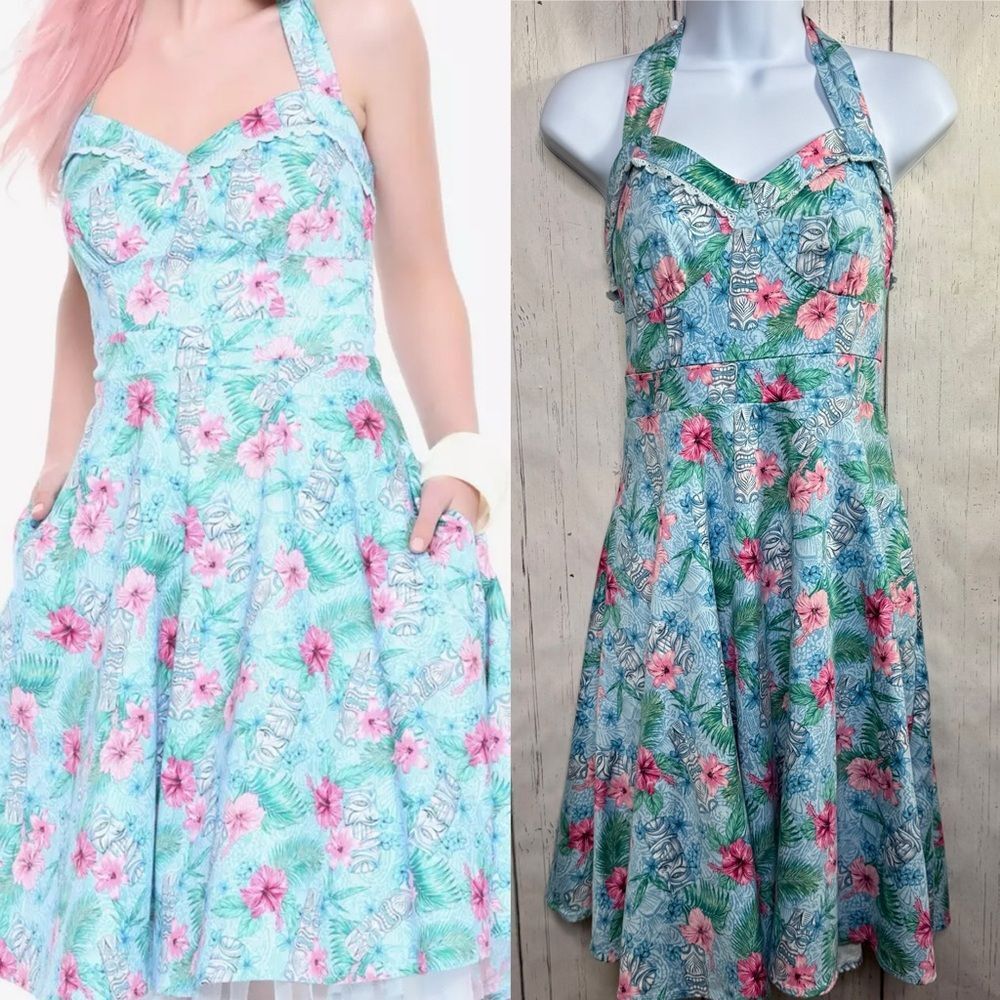 Hot Topic Tropical Halter Dress Y2K Tiki Print Fit Flare Blue Size S Vacation